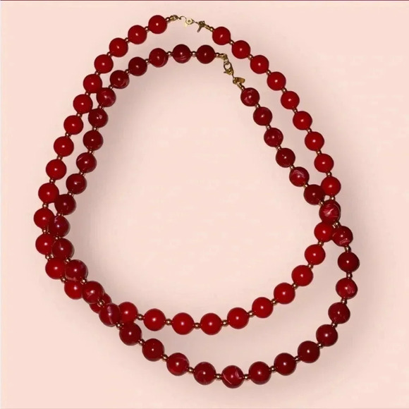 Vintage Monet Red Gold Plastic Bead Necklaces Lot of 2 - Picture 3 of 7